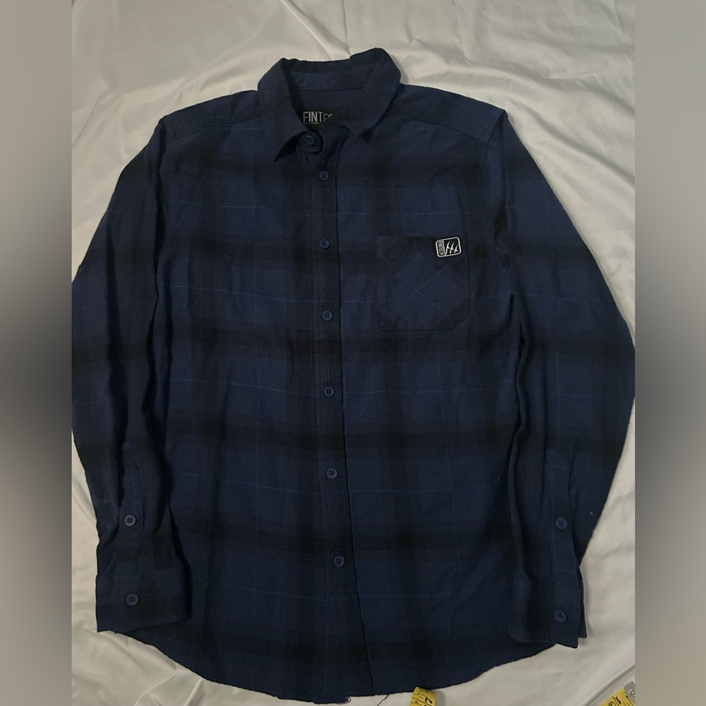 Fintech Shirt Mens Medium Blue Plaid Button Up Outdoor Casual Fishing